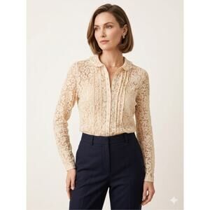 REBECCA TAYLOR VTG Y2K Sheer Cream Floral Lace Button Front Ruffle Blouse Sz 8